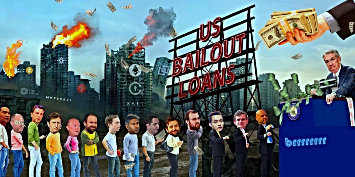 Vitalik Buterin, Joseph Lubin, Justin Sun, Zooko Wilcox, Erik Voorhees, entre otros, formando una fila para recibir sus préstamos del gobierno. Fuente: Bitcoin Meme Hub.