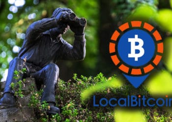 Figura humana observando con binoculares en un área verde, al lado el logo de LocalBitcoins. Composición por CriptoNoticias Oliver Kepka /  pixabay.com    LocalBitcoins / localbitcoins.com