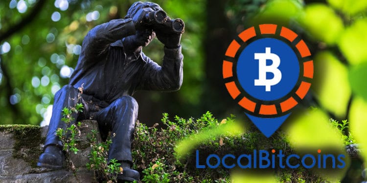 Figura humana observando con binoculares en un área verde, al lado el logo de LocalBitcoins. Composición por CriptoNoticias Oliver Kepka /  pixabay.com    LocalBitcoins / localbitcoins.com