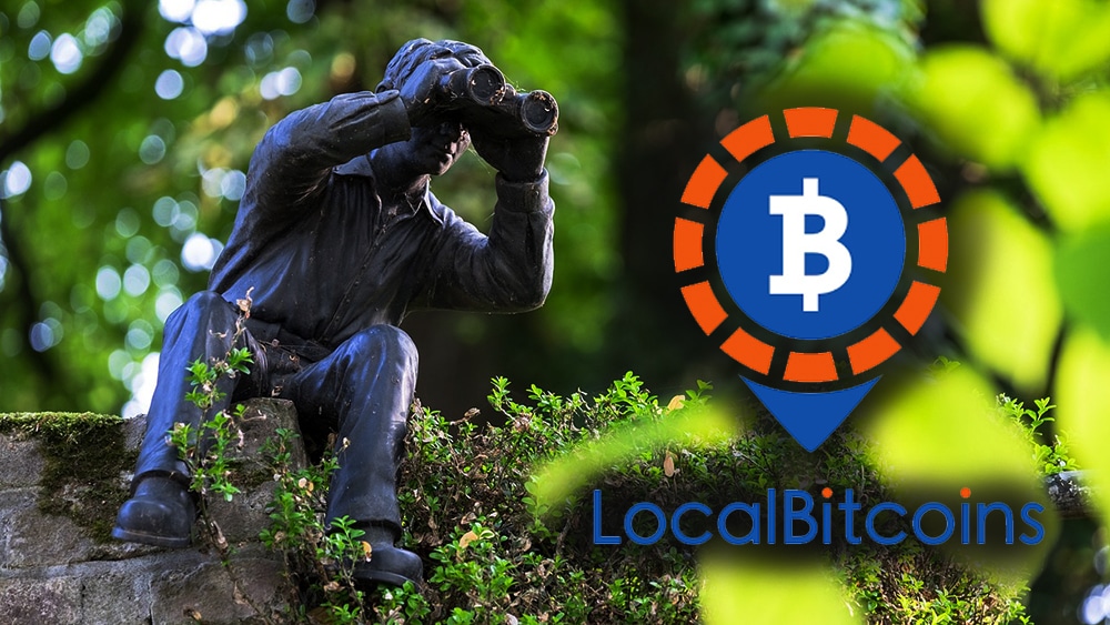 Figura humana observando con binoculares en un área verde, al lado el logo de LocalBitcoins. Composición por CriptoNoticias Oliver Kepka /  pixabay.com    LocalBitcoins / localbitcoins.com