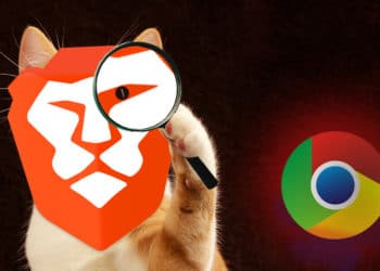 Logo de Brave sobre un felino con lupa viendo el logo de Chrome. Composición por CriptoNoticias  Brave / brave.com ;   DarkWorkX  /  pixabay.com ;  Lucas Wendt / pixabay.com ;