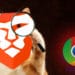 Logo de Brave sobre un felino con lupa viendo el logo de Chrome. Composición por CriptoNoticias  Brave / brave.com ;   DarkWorkX  /  pixabay.com ;  Lucas Wendt / pixabay.com ;