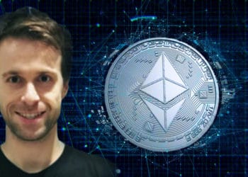 Justin Drake con un fondo de criptomoneda de Ethereum emergiendo.