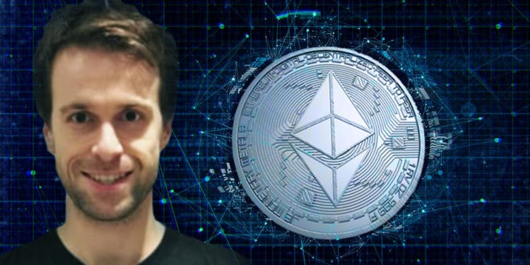 Justin Drake con un fondo de criptomoneda de Ethereum emergiendo.