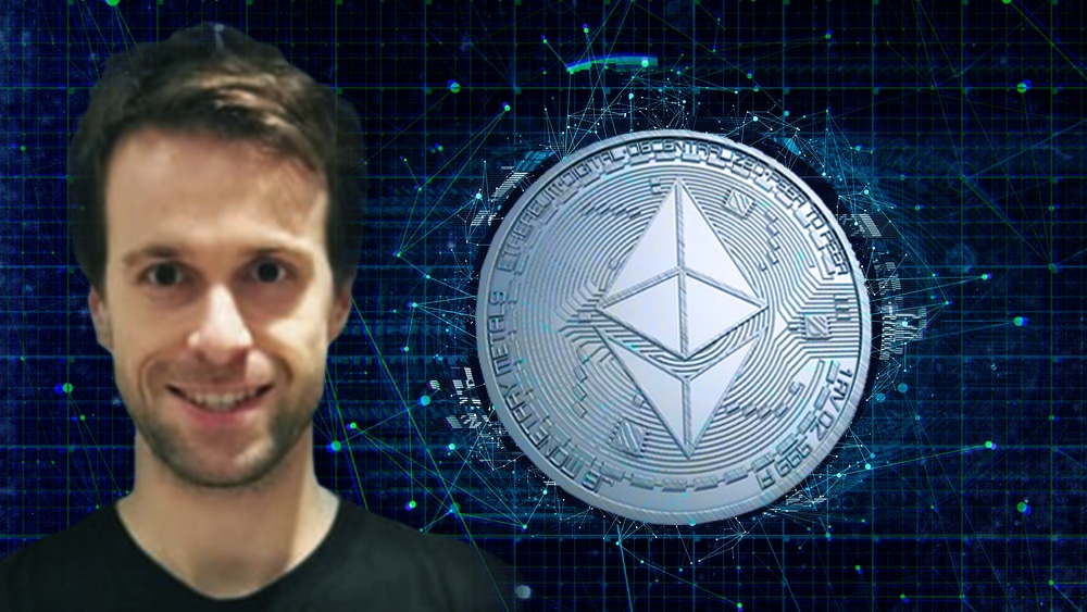 Justin Drake con un fondo de criptomoneda de Ethereum emergiendo.