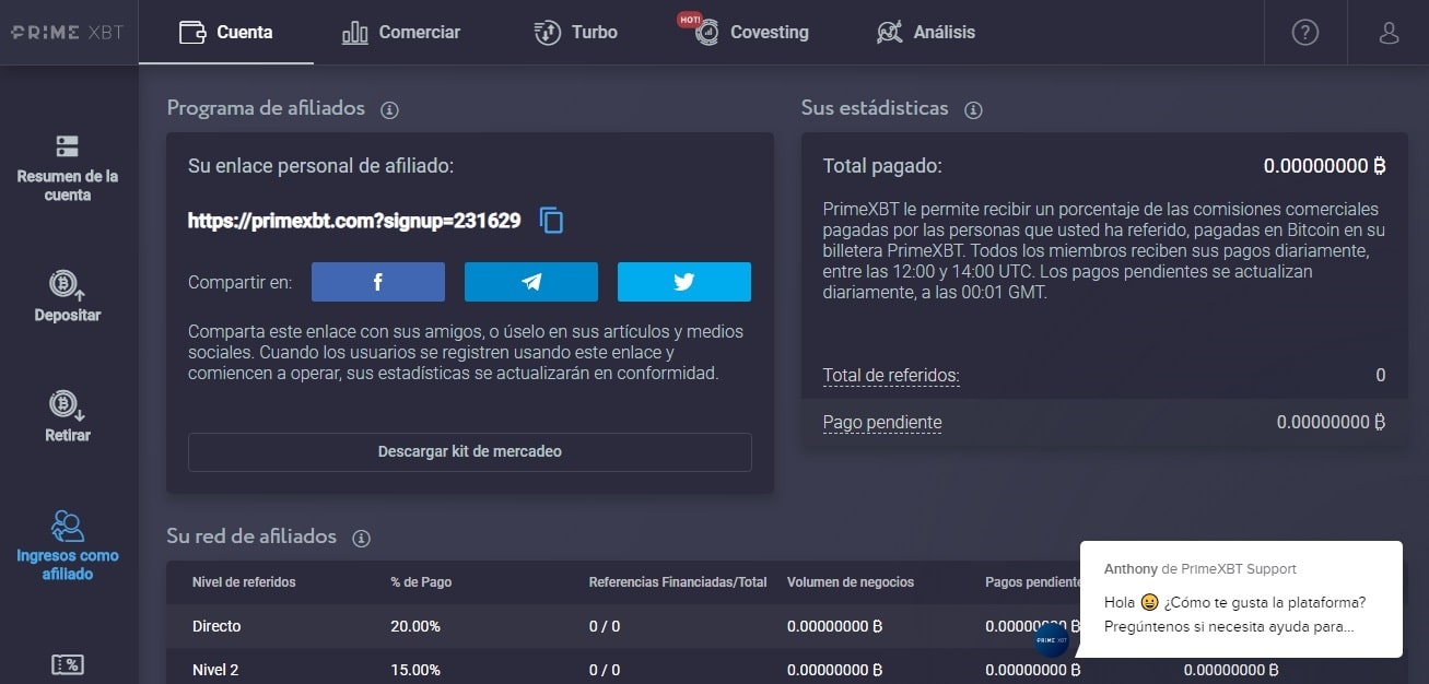 Panel de control del programa de referidos