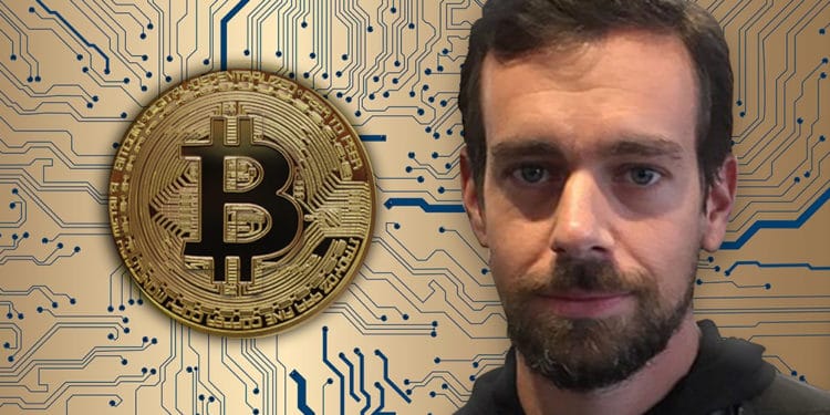 Jack Dorsey con un fondo de red bitcoin