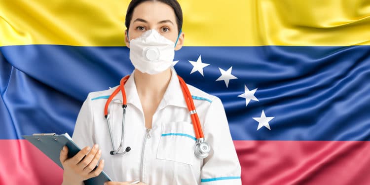 Enfermera frente a la bandera de Venezuela. Composición por CriptoNoticias. slon.pics /  Freepik.com ; choreograph /   elements.envato.com