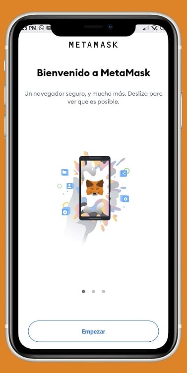 inicio de la App wallet MetaMask en tu teléfono