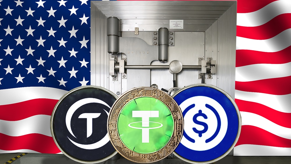 Stablecoins (USDcoin, Tether, TrueUSD) frente a una puerta bóveda de banco con bandera de EE.UU.