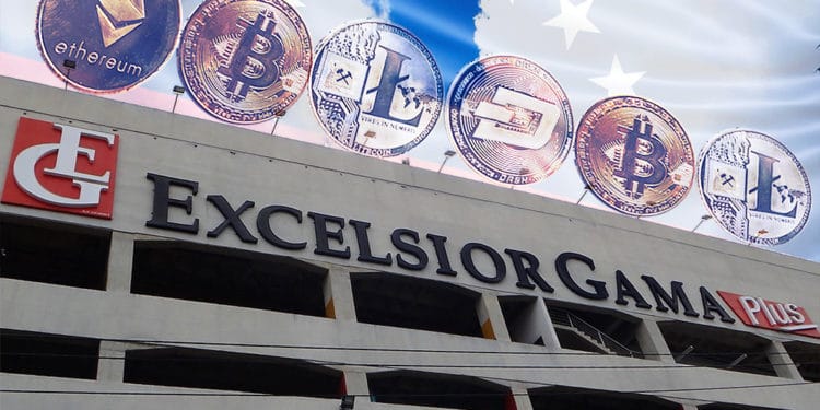 Edificio de Excelsior Gama con criptomonedas y bandera de Venezuela. Composición por CriptoNoticias. Slon.pics / Freepik.com; Contrapunto / contrapunto.com; stevanovicigor / elements.envato.com.