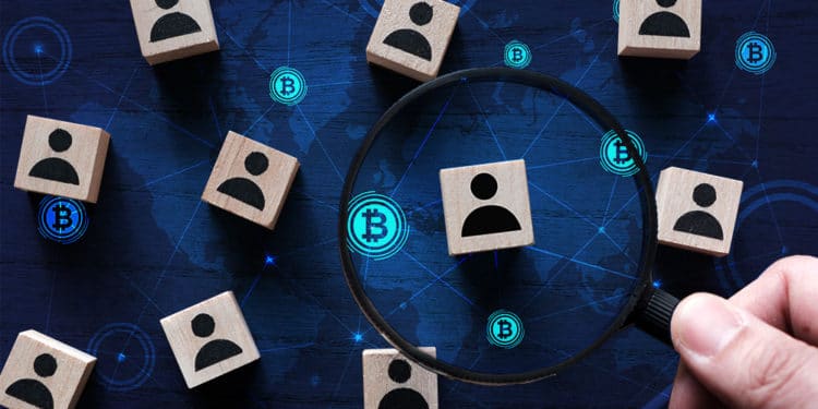 Lupa sobre fichas de usuarios con blockchain de bitcoin de fondo. Composición por CriptoNoticias. Freepik / Freepik.com ; kenishirotie /  elements.envato.com