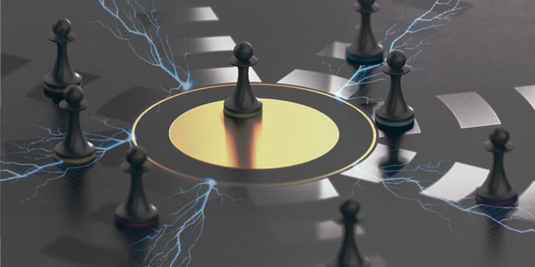 Peones sobre tableco con relámpagos superpuestos. Composición por CriptoNoticias. vectorpouch / Freepik.com ; Olivier_Le_Moal / elements.envato.com