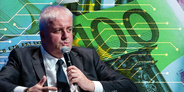 Burkhard Balz frente a imagen de billetes de euro con efecto digital. Composición por CriptoNoticias. PAyments Source / paymentssource.com ; @starline / Freepik.com ; mkos83 / elements.envato.com