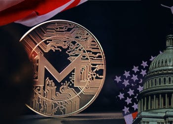 Edificio del senado y bandera de los Estados Unidos sobre moneda de Monero. Composición por CriptoNoticias. twenty20photos / elements.envato.com ; duallogic / elements.envato.com