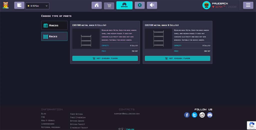 Racks para determinar la cantidad de mineros en RollerCoin