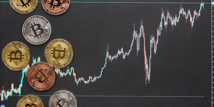 Monedas de Bitcoin sobre superficie oscura con gráfico alcista superpuesto. Composición por CriptoNoticias. mlproject / Pixabay.com ; Freepik / Freepik.com.