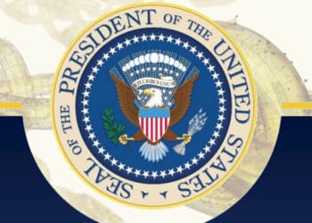 Cuadro con emblema de la oficina presidencial de los Estados Unidos con blockchain de fondo. Composición por CriptoNoticias. White House / whitehouse.gov ; iLexx / elements.envato.com.