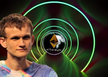 Vitalik Buterin frente a imagen de moneda de Ethereum en túnel de neón. Composición por CriptoNoticias. Liquid / liquid.com ; WorldSpectrum / Pixabay.com ; markusgann / elements.envato.com.