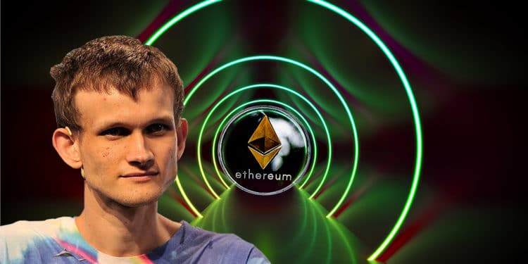 Vitalik Buterin frente a imagen de moneda de Ethereum en túnel de neón. Composición por CriptoNoticias. Liquid / liquid.com ; WorldSpectrum / Pixabay.com ; markusgann / elements.envato.com.