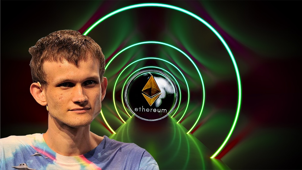 Vitalik Buterin frente a imagen de moneda de Ethereum en túnel de neón. Composición por CriptoNoticias. Liquid / liquid.com ; WorldSpectrum / Pixabay.com ; markusgann / elements.envato.com.