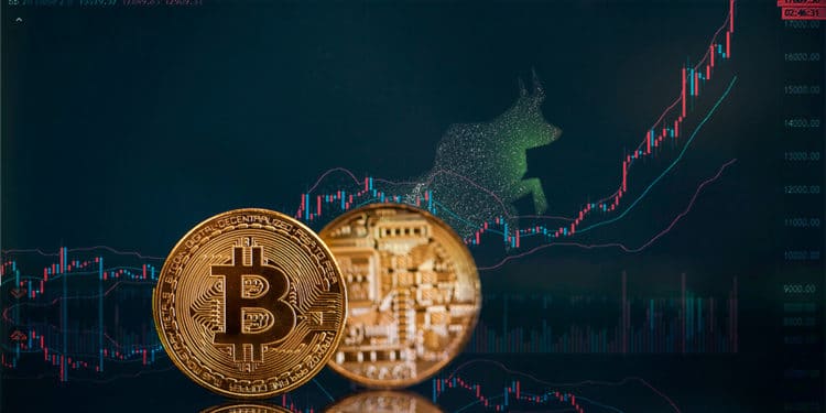 Monedas de Bitcoin frente a gráfico con bandas de bollinger y toro. Composición por CriptoNoticias. starline / Freepik.com; TradngView / Tradingview.com; erika8213 / elements.envato.com.