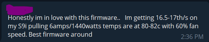 Minero comenta en Telegram rendimiento con el Firmware autoajustable