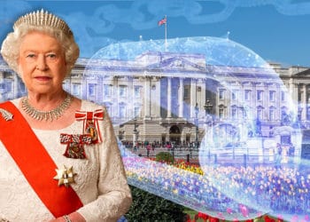 Reina Isabel II frente a Palacio de Buckingham con blockchain superpuesta. Composición por CriptoNoticias. Julian Calder / wikipedia.org; Diliff / wikipedia.org; iLexx / elements.envato.com