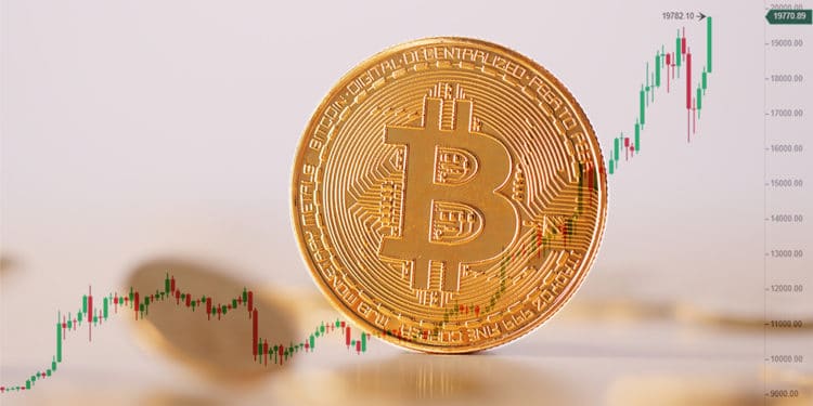 Moneda de Bitcoin con grafico de mercado en el fondo. Composición por CriptoNoticias. leungchopan / elements.envato.com; Binance / Binance.com