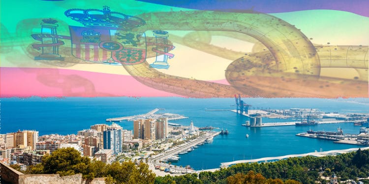 Puerto español con bandera de España y blockchain de fondo. Composición por CriptoNoticias. iLexx / elements.envato.com; twenty20photos / elements.envato.com; Grigory_bruev / elements.envato.com.