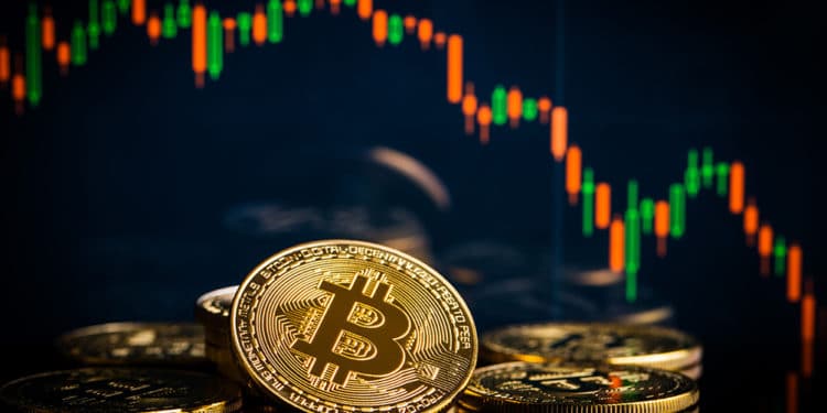 Monedas de Bitcoin frente a gráfico bajista del mercado. Fuente: jirkaejc / elements.envato.com