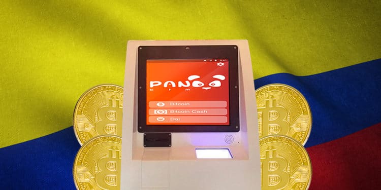 cajero de bitcoin de Panda BTM frente a bandera de Colombia. Composición por CriptoNoticias. wirestock / Freepik.com; PandaBTM / pandabtm.io; Steemit / steemit.com