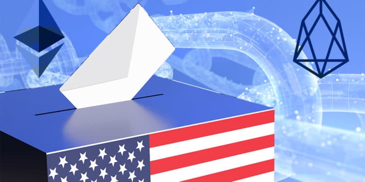 Votos en caja con bandera de Estados Unidos  y logos de Ethereum y EOS con blockchain en el fondo. Composición por CriptoNoticias. Ethereum / Wikimedia.org;Eos / btcnn.com; iLexx / elements.envato.com; rawf8 / elements.envato.com