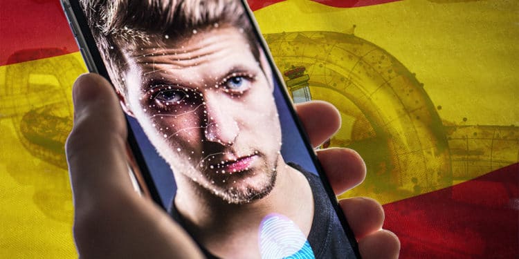 Reconocimiento facial y huella dactilar en pantalla de teléfono con bandera de España y blockchain en el fondo. Composición por CriptoNoticias. wirestock / Freepik.com; iLexx / elements.envato.com; Freepik / Freepik.com; halfpoint / elements.envato.com