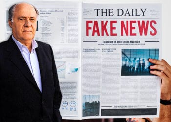 Amancio Ortega frente a hombre leyendo periodico con titular de noticias falsas. Composición por CriptoNoticias. Biografías y Vidas / biografiasyvidas.com; Rawpixel / elements.envato.com.