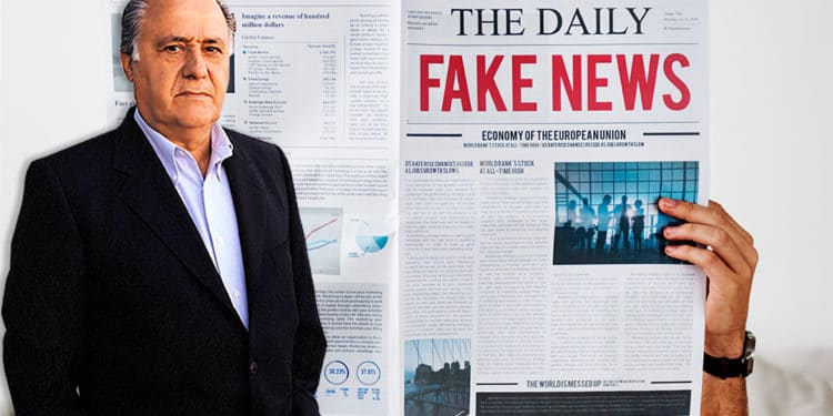 Amancio Ortega frente a hombre leyendo periodico con titular de noticias falsas. Composición por CriptoNoticias. Biografías y Vidas / biografiasyvidas.com; Rawpixel / elements.envato.com.