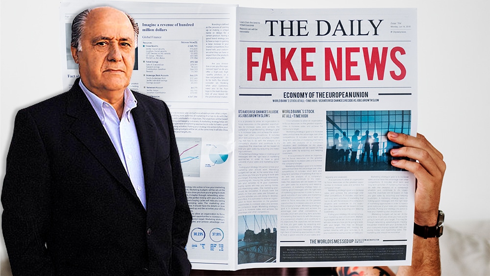 Amancio Ortega frente a hombre leyendo periodico con titular de noticias falsas. Composición por CriptoNoticias. Biografías y Vidas / biografiasyvidas.com; Rawpixel / elements.envato.com.