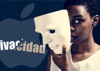 Mujer sosteniendo mascara frente a su cara con logo de Apple y palabra "privacidad" quebrada en el fondo. Composición por CriptoNoticias. Rob Janoff  / wikipedia.org; Rawpixel / elements.envato.com