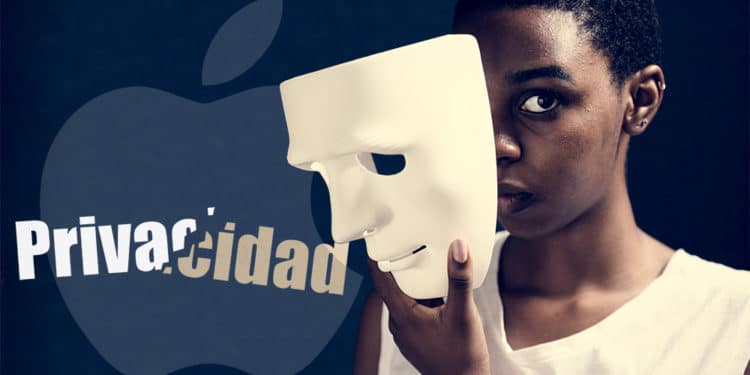 Mujer sosteniendo mascara frente a su cara con logo de Apple y palabra "privacidad" quebrada en el fondo. Composición por CriptoNoticias. Rob Janoff  / wikipedia.org; Rawpixel / elements.envato.com
