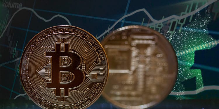 Moneda de Bitcoin con gráfico alcista y toro de fondo. Composición por CriptoNoticias.  fotoArtist_1/elements.envato.com; @starline / Freepik.com; erika8213 / elements.envato.com
