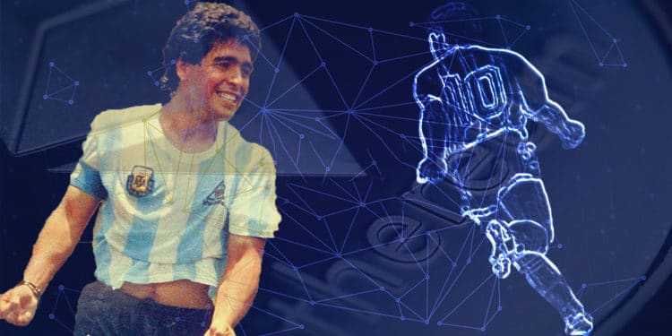 Homenaje en token de ethereum al exfutbolista Diego Maradona. Composición por CriptoNoticias. C7215B / opensea.io; Freepik / Freepik.com; macondoso / elements.envato.com.