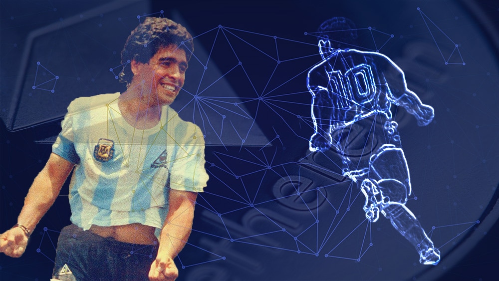 Homenaje en token de ethereum al exfutbolista Diego Maradona. Composición por CriptoNoticias. C7215B / opensea.io; Freepik / Freepik.com; macondoso / elements.envato.com.