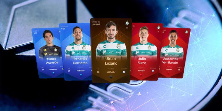Cartas coleccionables de jugadores del club Santos Laguna sobre moneda de ethereum con red digital. Composición por CriptoNoticias. @ClubSantos / Twitter.com; @starline / Freepik.com; macondoso / elements.envato.com