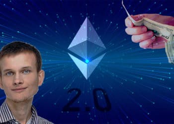 Vitalik Buterin junto a logo de Ethereum con mano entregando dinero en el fondo. Composición por CriptoNoticias. twenty20photos / elements.envato.com; bit2me / bit2me.com; Ethereum Foundation / wikimedia.org; Starline / Freepik.com.