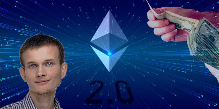 Vitalik Buterin junto a logo de Ethereum con mano entregando dinero en el fondo. Composición por CriptoNoticias. twenty20photos / elements.envato.com; bit2me / bit2me.com; Ethereum Foundation / wikimedia.org; Starline / Freepik.com.