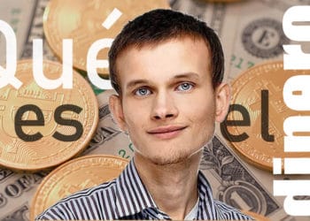 Vitalik Buterin frente a monedas de bitcoin sobre billetes de dólar. Composición por CriptoNoticias. bit2me / bit2me.com; leungchopan / elements.envato.com.