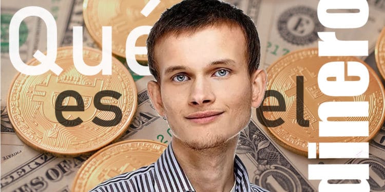 Vitalik Buterin frente a monedas de bitcoin sobre billetes de dólar. Composición por CriptoNoticias. bit2me / bit2me.com; leungchopan / elements.envato.com.