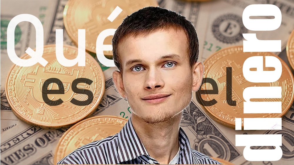 Vitalik Buterin frente a monedas de bitcoin sobre billetes de dólar. Composición por CriptoNoticias. bit2me / bit2me.com; leungchopan / elements.envato.com.