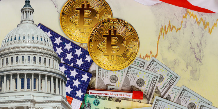 Monedas de Bitcoin sobre mesa con dólares bandera y congreso de Estados Unidos con gráfico de mercado superpuesto. Composición por CriptoNoticias. ESchweitzer / elements.envato.com; jcomp / freepik.com; twenty20photos / elements.envato.com.