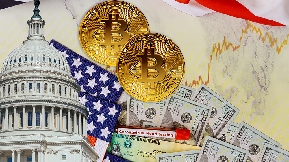 Monedas de Bitcoin sobre mesa con dólares bandera y congreso de Estados Unidos con gráfico de mercado superpuesto. Composición por CriptoNoticias. ESchweitzer / elements.envato.com; jcomp / freepik.com; twenty20photos / elements.envato.com.